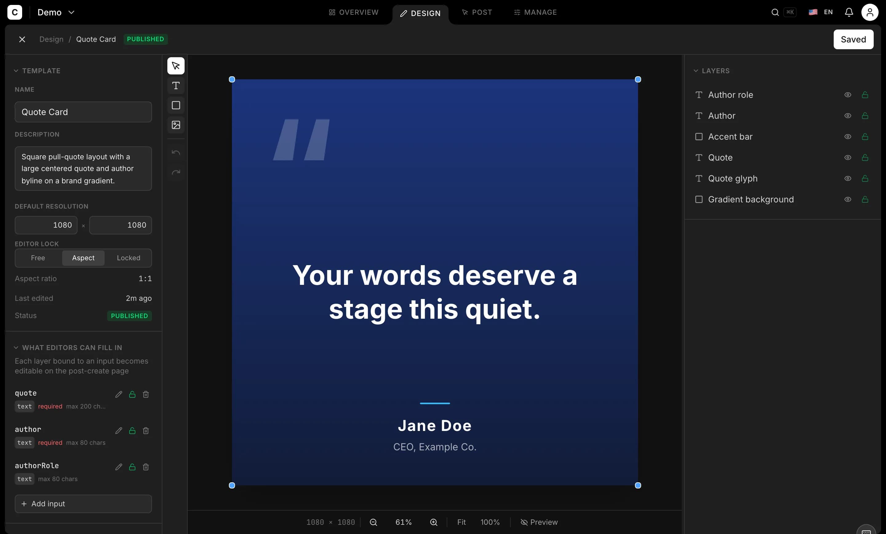 HyperContent template editor — Quote Card open with layers panel and editor-fillable inputs
